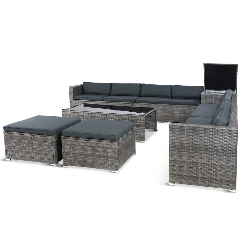 Stor loungegrupp | Tre smarta förvaringsutrymmen | Grå konstrotting - Utemöbler - Loungemöbler - Loungegrupp & Loungeset