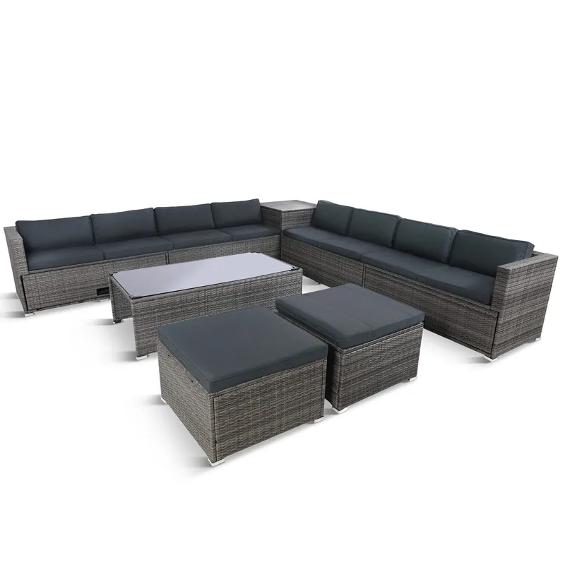 Stor loungegrupp | Tre smarta förvaringsutrymmen | Grå konstrotting - Utemöbler - Loungemöbler - Loungegrupp & Loungeset