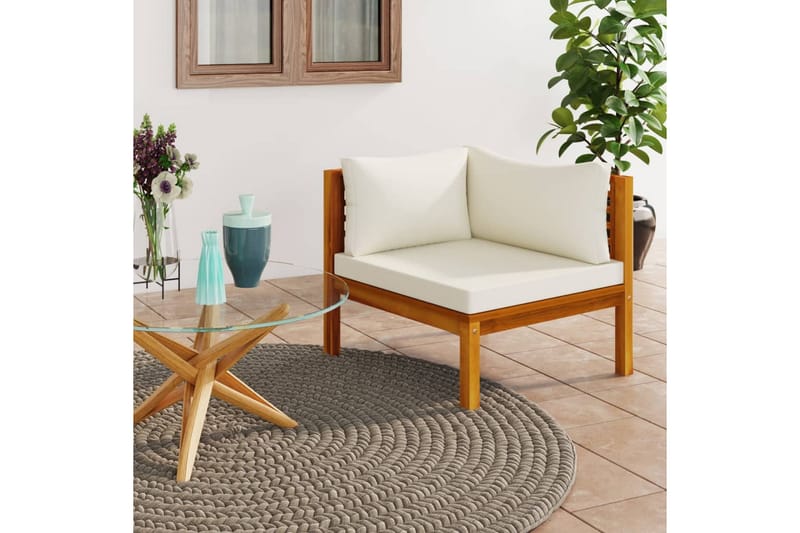 Hörnsits med gräddvit dyna massivt akaciaträ - Vit - Utemöbler - Loungemöbler - Loungesoffa