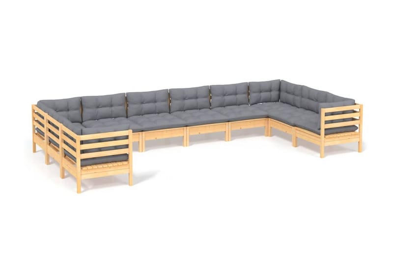 Trädgårdssoffa 10-sits med grå dynor massiv furu - Grå - Utemöbler - Loungemöbler - Loungesoffa