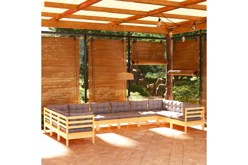 Trädgårdssoffa 10-sits med grå dynor massiv furu - Grå - Utemöbler - Loungemöbler - Loungesoffa