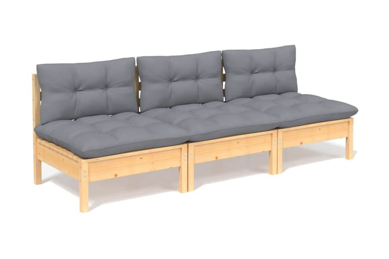Trädgårdssoffa 3-sits med grå dynor massiv furu - Grå - Utemöbler - Loungemöbler - Loungesoffa