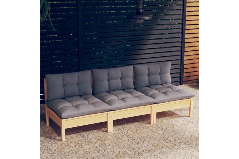 Trädgårdssoffa 3-sits med grå dynor massiv furu - Grå - Utemöbler - Loungemöbler - Loungesoffa