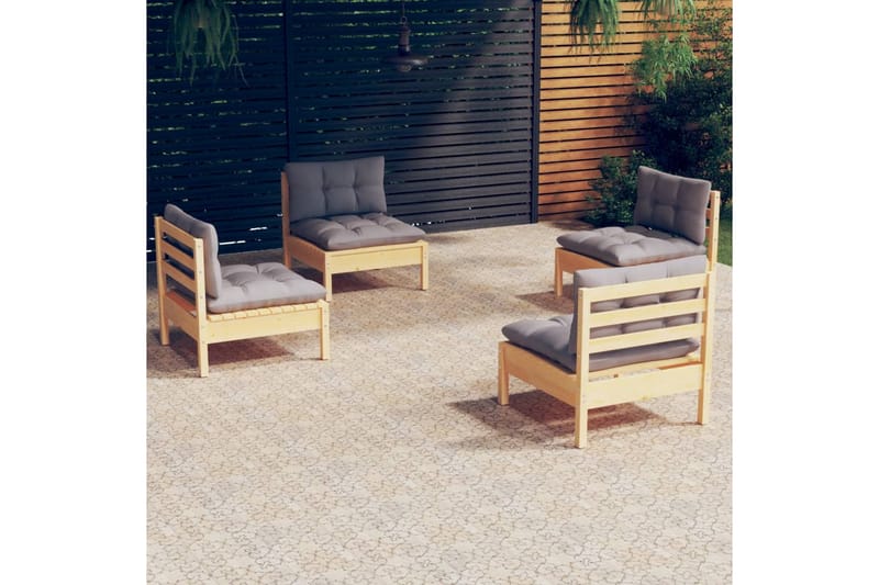Trädgårdssoffa 4-sits med grå dynor massiv furu - Grå - Utemöbler - Loungemöbler - Loungesoffa