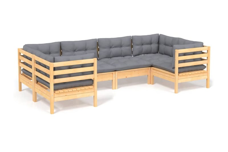 Trädgårdssoffa 6-sits med grå dynor massiv furu - Grå - Utemöbler - Loungemöbler - Loungesoffa