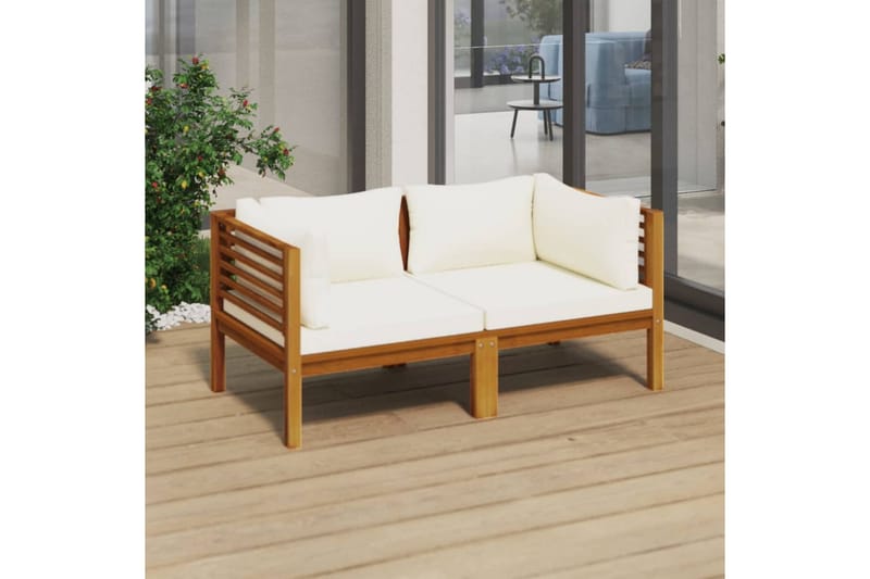 Trädgårdssoffa med dynor gräddvit 2-sits massivt akaciaträ - Brun - Utemöbler - Loungemöbler - Loungesoffa