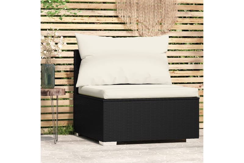 Trädgårdssoffa mittsektion med dynor svart konstrotting - Svart/Vit - Utemöbler - Loungemöbler - Loungesoffa