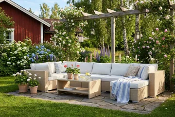 Bahamas Hörnmodul utomhus i konstrotting med Ljus vattenavisande dyna - Beige - Utemöbler - Loungemöbler - Modulsoffa utomhus - Hörnmodul utesoffa