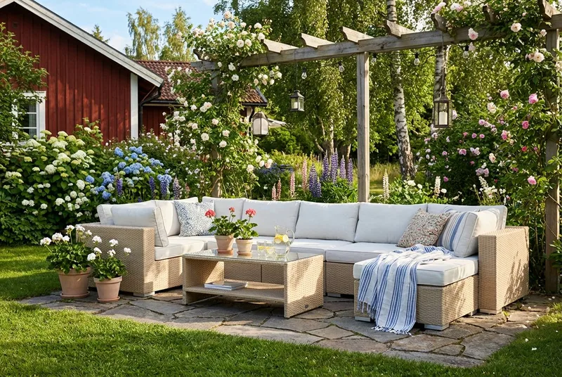 Bahamas Hörnmodul utomhus i konstrotting med Ljus vattenavisande dyna - Beige - Utemöbler - Loungemöbler - Modulsoffa utomhus - Hörnmodul utesoffa