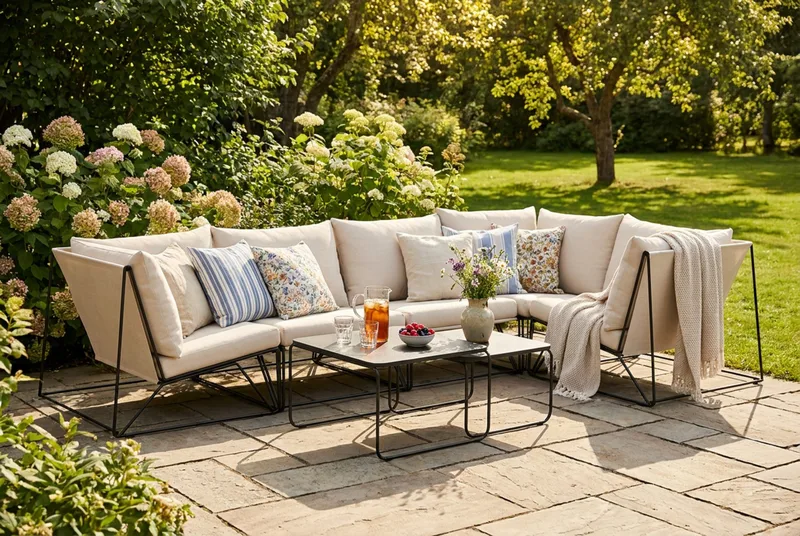 Usteryd hörnmodul utomhus i järn med vattenavisande dyna i beige - Svart - Utemöbler - Loungemöbler - Modulsoffa utomhus - Hörnmodul utesoffa