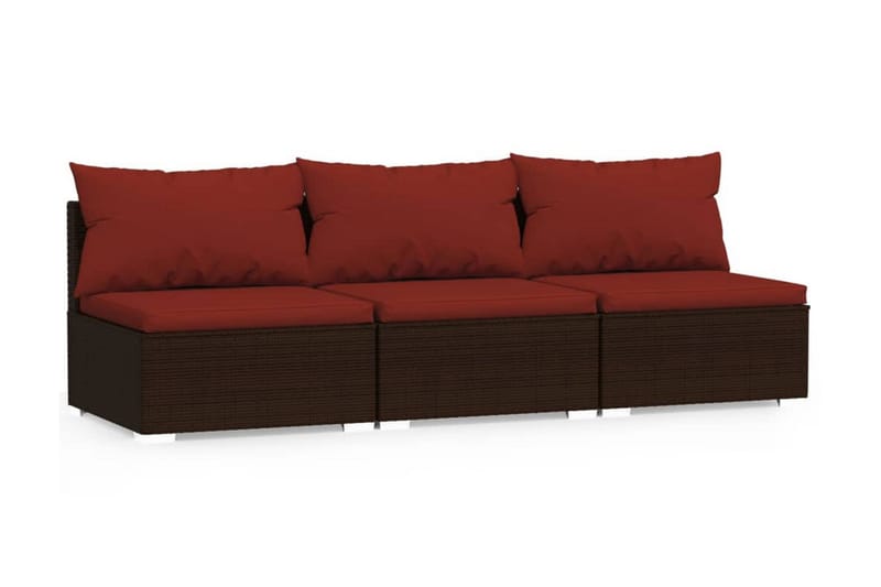 Utesoffa 3-sits med dynor konstrotting brun - Brun/Röd - Utemöbler - Loungemöbler - Loungesoffa
