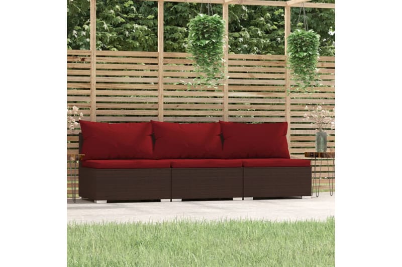 Utesoffa 3-sits med dynor konstrotting brun - Brun/Röd - Utemöbler - Loungemöbler - Loungesoffa