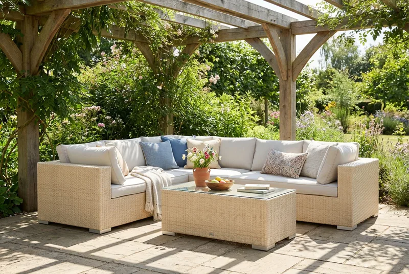 Bahamas L-formad utesoffa vänster, 6-sits med bord - Beige - Utemöbler - Loungemöbler - Soffgrupp utomhus