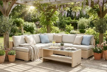 Bahamas utomhus hörnsoffa 5-sits vändbar med öppet avslut och bord med hylla - Beige - Utemöbler - Loungemöbler - Soffgrupp utomhus