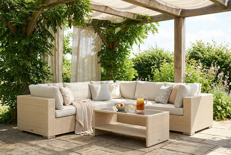 Bahamas utomhus hörnsoffa 5-sits vändbar och bord med hylla - Beige - Utemöbler - Loungemöbler - Soffgrupp utomhus