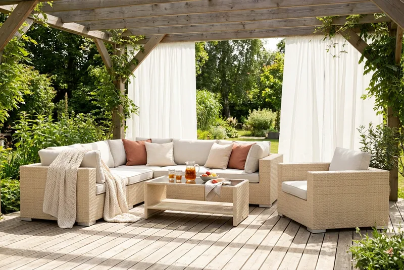 Bahamas utomhus hörnsoffa 6-sits vändbar med fåtölj och bord med hylla - Beige - Utemöbler - Loungemöbler - Soffgrupp utomhus