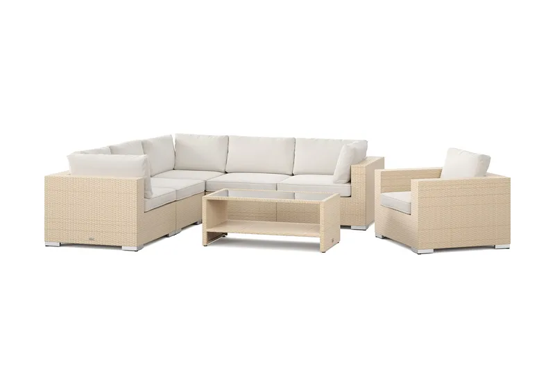Bahamas utomhus hörnsoffa 6-sits vändbar med fåtölj och bord med hylla, Beige