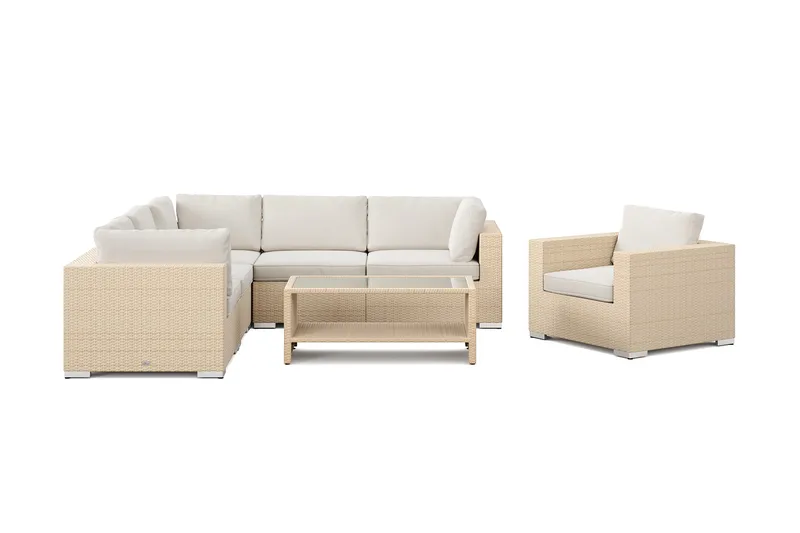 Bahamas utomhus hörnsoffa 6-sits vändbar med fåtölj och bord med hylla - Beige - Utemöbler - Loungemöbler - Soffgrupp utomhus