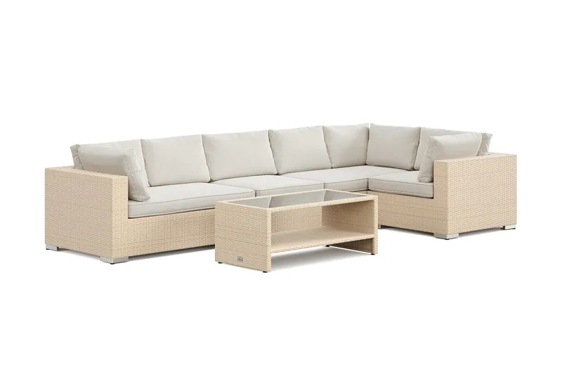 Bahamas utomhus hörnsoffa 6-sits vändbar och bord med hylla, Beige