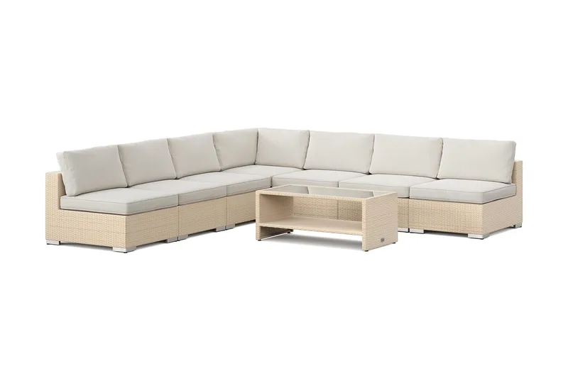 Bahamas utomhus hörnsoffa 7-sits vändbar med öppet avslut och bord med hylla, Beige