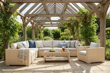 Bahamas utomhus hörnsoffa 8-sits vändbar med fåtölj och bord med hylla - Beige - Utemöbler - Loungemöbler - Soffgrupp utomhus