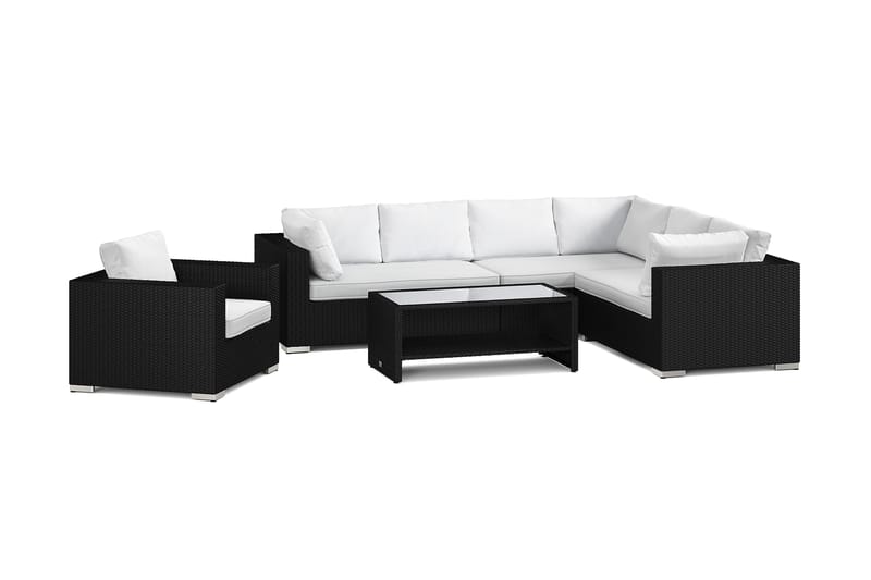 Bahamas utomhus L-soffa höger 7-sits med fåtölj och bord med hylla, Svart