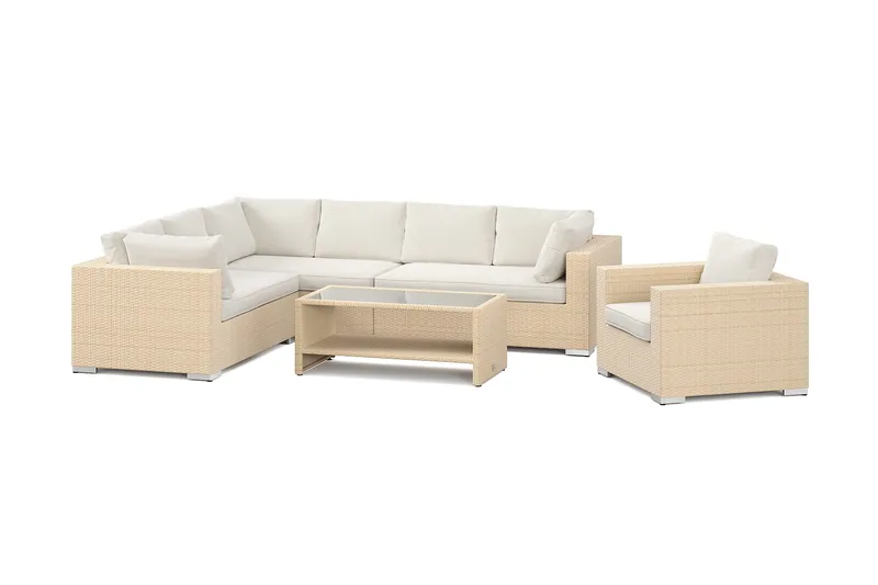Bahamas utomhus L-soffa vänster 7-sits med fåtölj och bord med hylla, Beige