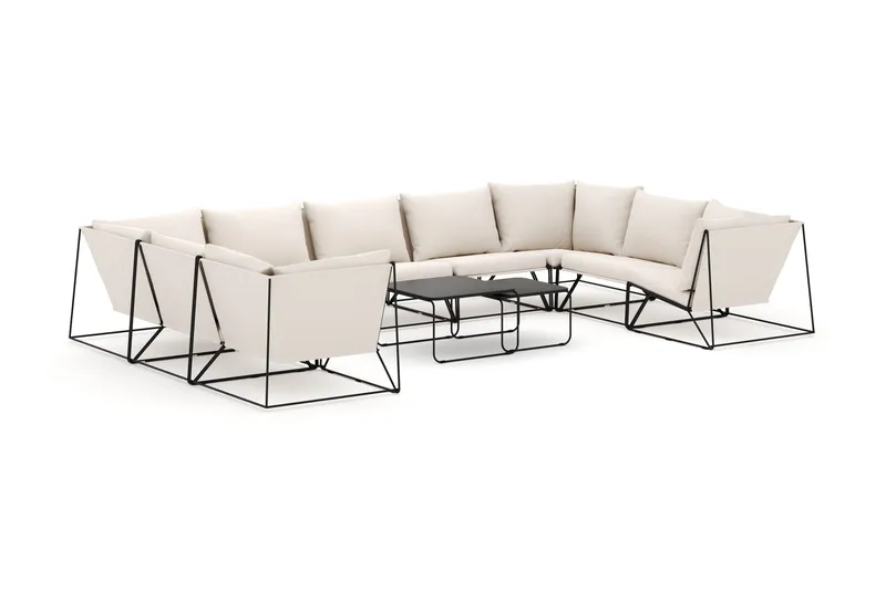 Usteryd utomhus U-soffa 9-sits med stängt avslut, Svart/Beige