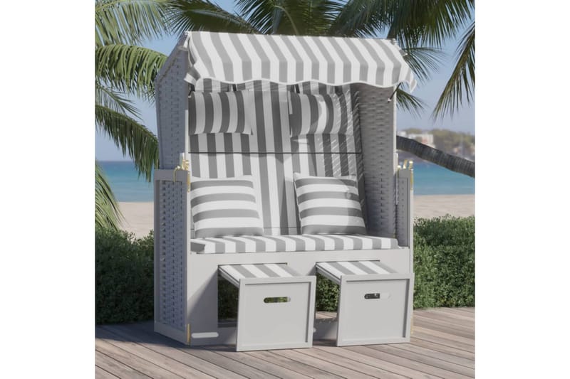 Strandkorg med dynor konstrottning och massivt trä grå & vit - Grå/vit - Utemöbler - Loungemöbler - Solbädd
