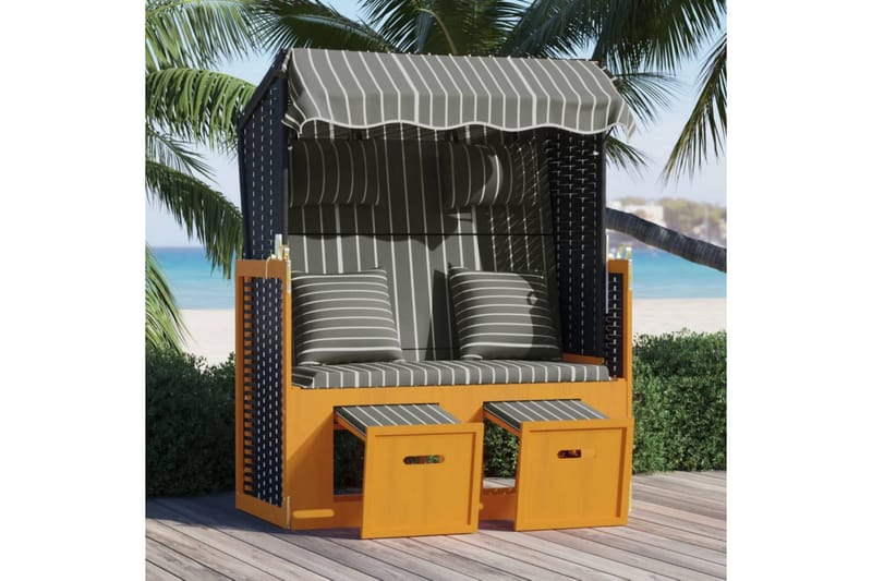 Strandkorg med dynor konstrottning och massivt trä svart & g - Trä/svart - Utemöbler - Loungemöbler - Solbädd