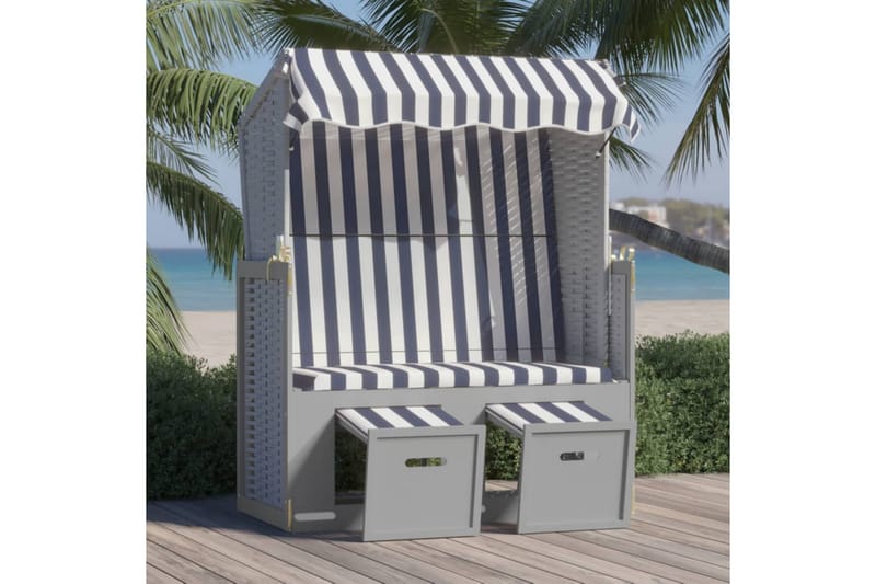 Strandkorg med tak konstrottning och massivt trä blå & vit - Grå/vit/blå - Utemöbler - Loungemöbler - Solbädd