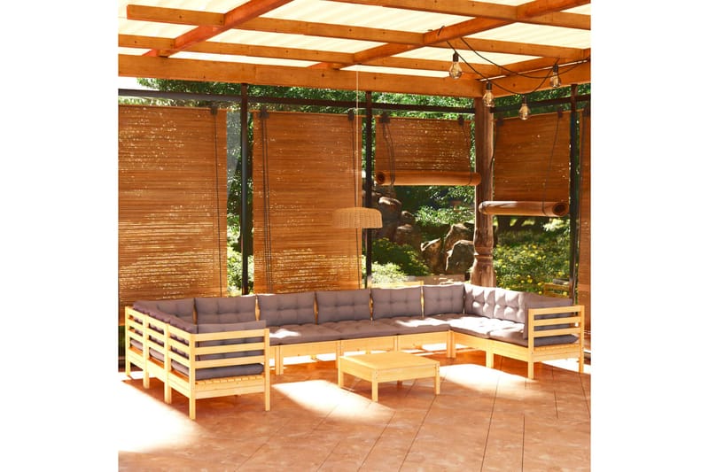 Trädgårdssoffa 11-sits med grå dynor massiv furu - Grå - Utemöbler - Loungemöbler - Loungesoffa