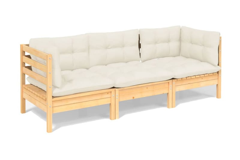 Trädgårdssoffa 3-sits med gräddvita dynor massiv furu - Kräm - Utemöbler - Loungemöbler - Loungesoffa