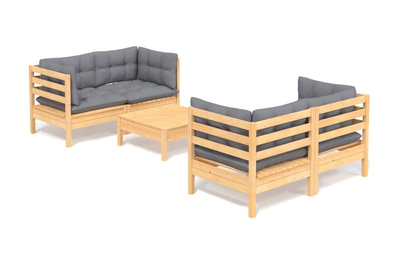 Trädgårdssoffa 5-sits med grå dynor massiv furu - Grå - Utemöbler - Loungemöbler - Loungesoffa