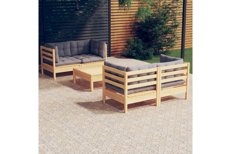 Trädgårdssoffa 5-sits med grå dynor massiv furu - Grå - Utemöbler - Loungemöbler - Loungesoffa