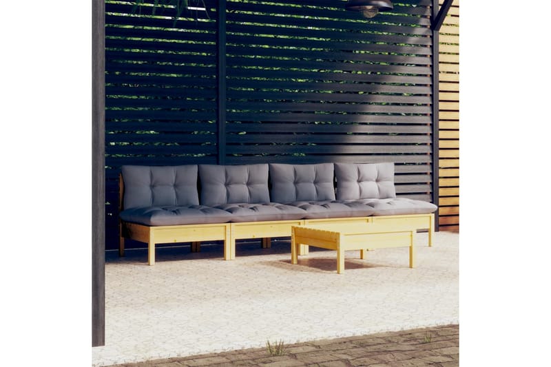 Trädgårdssoffa 5-sits med grå dynor massiv furu - Grå - Utemöbler - Loungemöbler - Loungesoffa