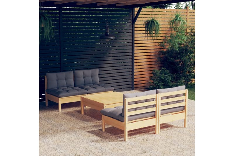 Trädgårdssoffa 5-sits med grå dynor massiv furu - Grå - Utemöbler - Loungemöbler - Loungesoffa