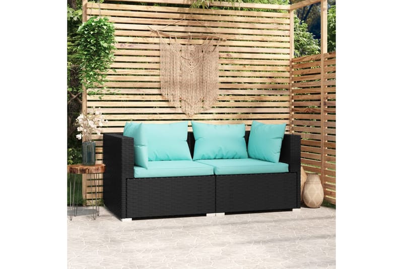 TvåsitsUtesoffa med dynor konstrotting svart - Svart/blå - Utemöbler - Loungemöbler - Loungesoffa
