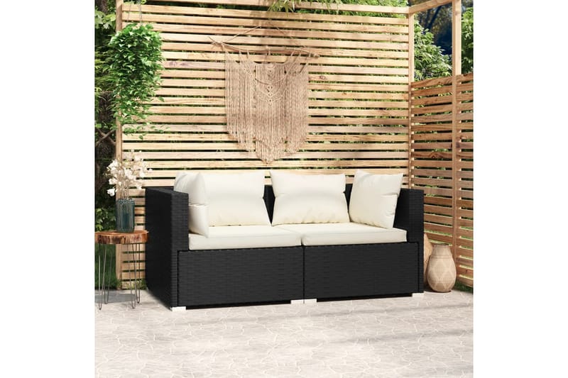 TvåsitsUtesoffa med dynor konstrotting svart - Svart/vit - Utemöbler - Loungemöbler - Loungesoffa