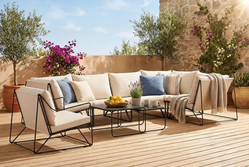 Usteryd utomhus hörnsoffa 6-sits vändbar med fåtölj - Svart/Beige - Utemöbler - Loungemöbler - Soffgrupp utomhus