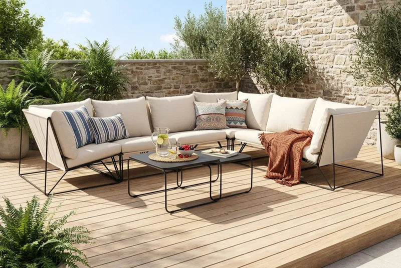 Usteryd utomhus L-soffa 6-sits vändbar - Svart/Beige - Utemöbler - Loungemöbler - Soffgrupp utomhus