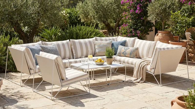 Usteryd utomhus L-soffa 7-sits vändbar med fåtölj - Beige/Striped - Utemöbler - Loungemöbler - Loungesoffa