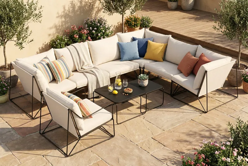 Usteryd utomhus L-soffa 7-sits vändbar med fåtölj - Svart/Beige - Utemöbler - Loungemöbler - Soffgrupp utomhus