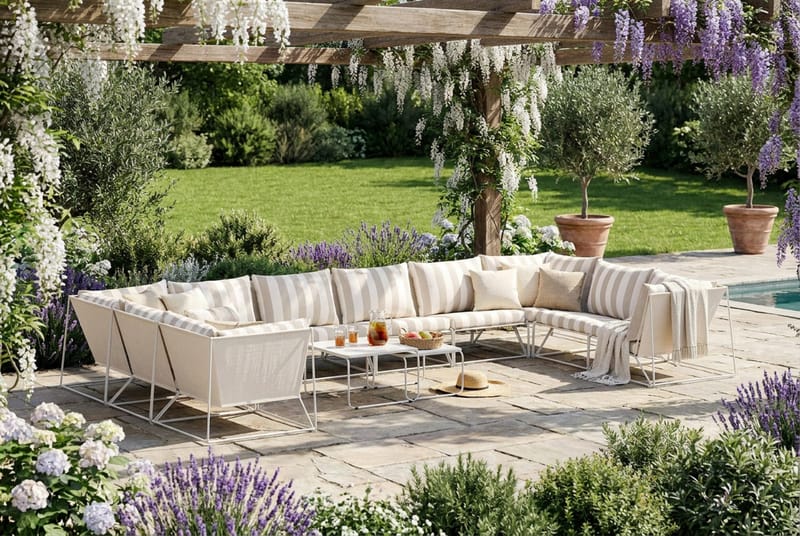Usteryd utomhus U-soffa 10-sits med stängt avslut - Beige/Striped - Utemöbler - Loungemöbler - Soffgrupp utomhus