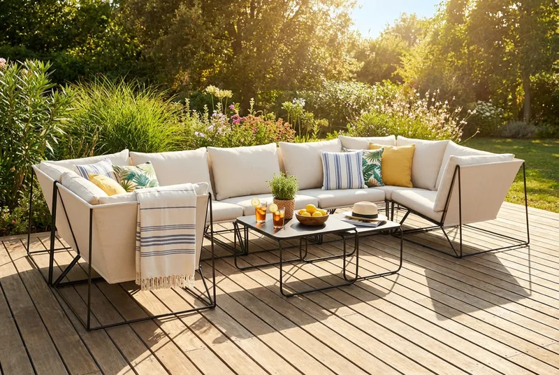 Usteryd utomhus U-soffa 7-sits med stängt avslut - Svart/Beige - Utemöbler - Loungemöbler - Soffgrupp utomhus