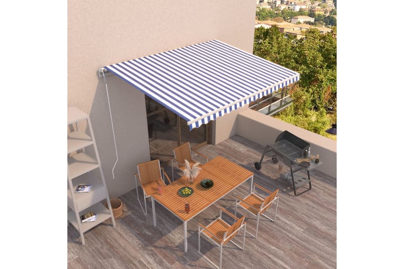 Automatisk markis 400x350 cm blå och vit - Blå - Utemöbler - Solskydd - Markiser - Balkongmarkis