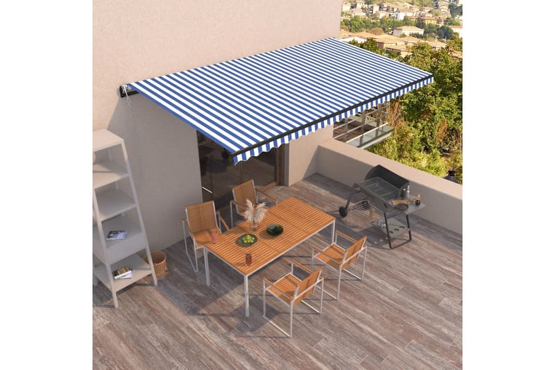 Automatisk markis 600x350 cm blå och vit - Blå - Utemöbler - Solskydd - Markiser - Balkongmarkis