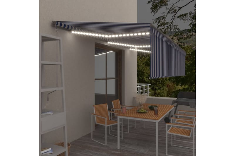 Automatisk markis med rullgardin vindsensor LED 6x3 m - Blå - Utemöbler - Solskydd - Markiser - Fönstermarkis