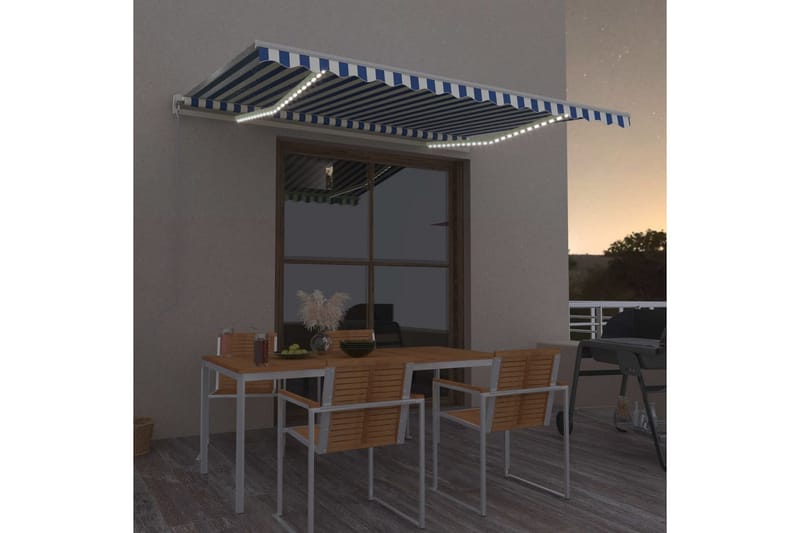 Automatisk markis med vindsensor & LED 450x350 cm blå och vi - Blå - Utemöbler - Solskydd - Markiser - Balkongmarkis