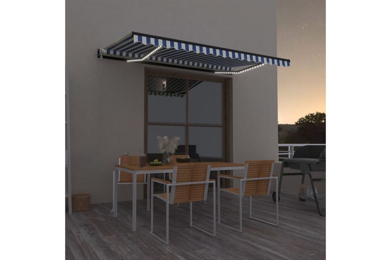 Automatisk markis med vindsensor & LED 450x350 cm blå och vi - Blå - Utemöbler - Solskydd - Markiser - Balkongmarkis